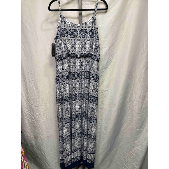 AB Studio Women's Maxi Dress XL Navy White Geometric Print Spaghetti Strap - Picture 7 of 7